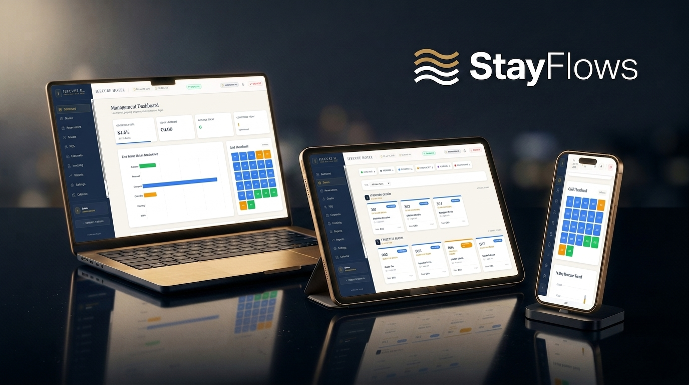 StayFlows Hotel Management System on Laptop, Tablet, and Mobile